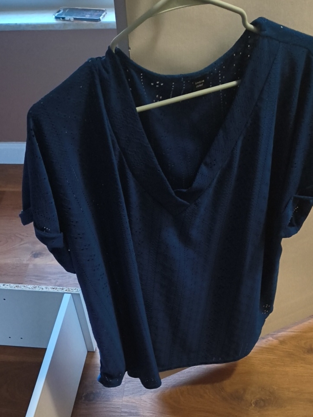 SHEIN Navy Eyelet V-Neck Tunic Top